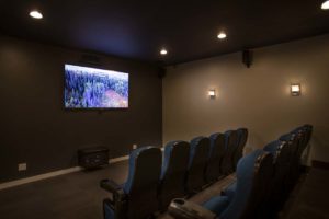 The movie theatre room with a flat screen TV and 12 theatre seats