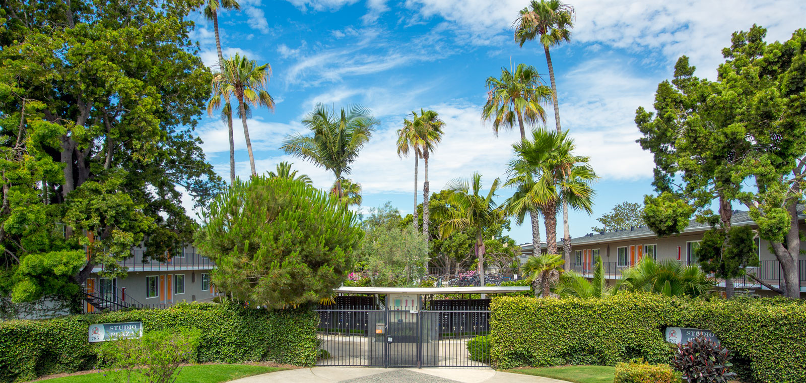 front gate and driveway to the apartments surrounded by trees, grass and a hedge